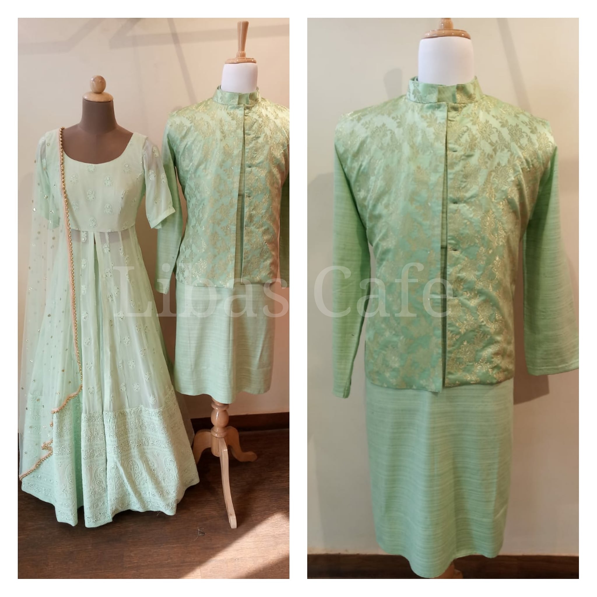 Pastel Green Lakhnavi Lehenga And Nehru Jacket Set